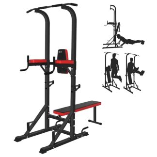 ISE Chaise Romaine Multifonction Barre de Traction Station avec Banc de Musculation pour Dips, Pompes, Développé-Couchés, Station Musculation, Chaises Romaine Complet Rouge/Noir 107x66x224CM