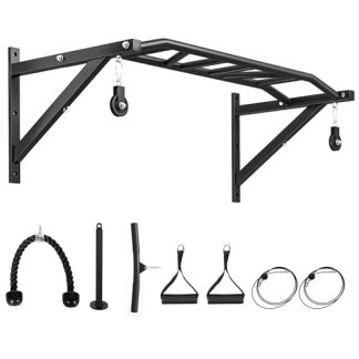 SPORTNOW Barre de traction murale, barre de fitness multi-prise en main multifonctionnelle en acier robuste, avec système de poulie à câble, multi-grip pull up bar domicile charge 200 kg, noir
