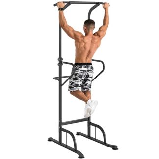 HOMCOM Station de Musculation Multifonctions Barre de Traction Chaise Romaine Hauteur réglable Acier Noir Rouge