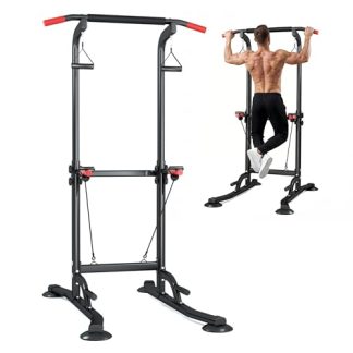 YEE RUN Power Tower Dip Station | Barre de traction | Multifonction | Support 200kg | Station de musculation et fitness | Rack de puissance pour salle de sport à domicile (noir, 108.5 * 105 * 168cm)