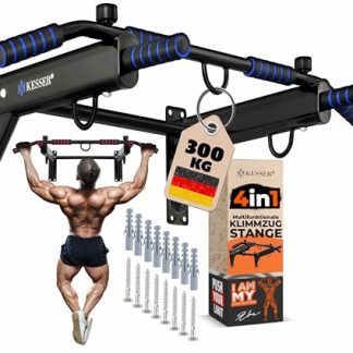 KESSER® Barre de traction 4 en 1 pour montage mural, poignées antidérapantes, fonction supplémentaire pour cordes, anneaux et sacs de frappe | sûr et stable | Barre de traction pour la maison, bleu