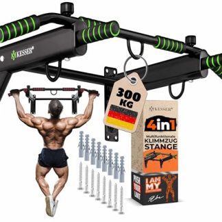 KESSER® Barre de traction 4 en 1 pour montage mural, poignées antidérapantes, fonction supplémentaire pour cordes, anneaux et sacs de frappe | sûr et stable | Barre de traction pour la maison, vert